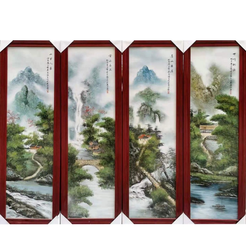 奋行景德镇陶瓷瓷板画手绘山水画四条屏客厅挂画装饰摆设 120cm*40cm*