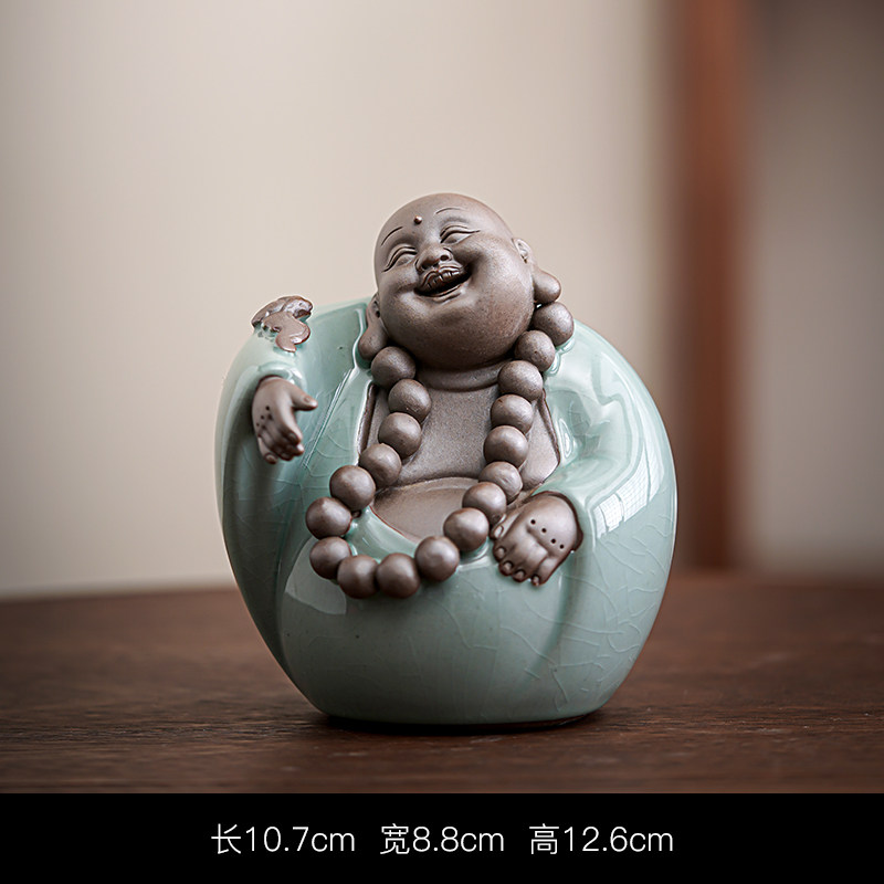 福在眼前弥勒佛摆件紫砂配哥窑茶宠摆设弥乐笑乐佛茶玩可养开片 福在