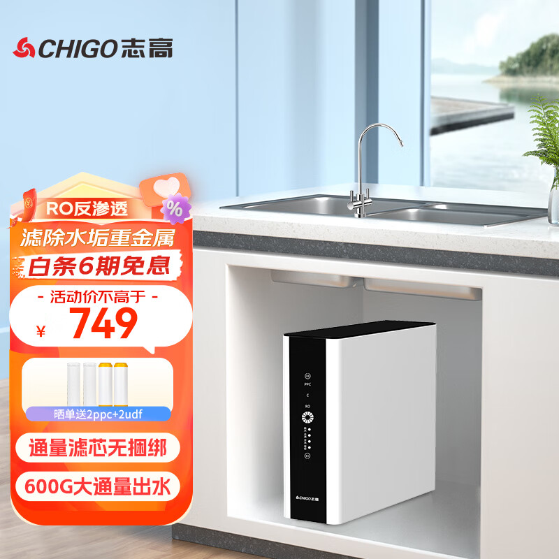 志高（CHIGO） 净水器家用600G厨下全屋直饮前置过滤净水机RO反渗透通用滤芯纯水机 600G双出水（视频安装）