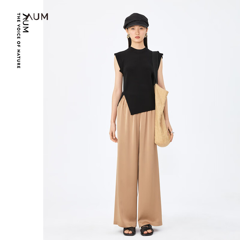 噢姆（AUM）【冰感悠悠褲】AUM噢姆夏季咖色光澤緞面寬松直筒顯瘦闊腿褲 咖啡色 L