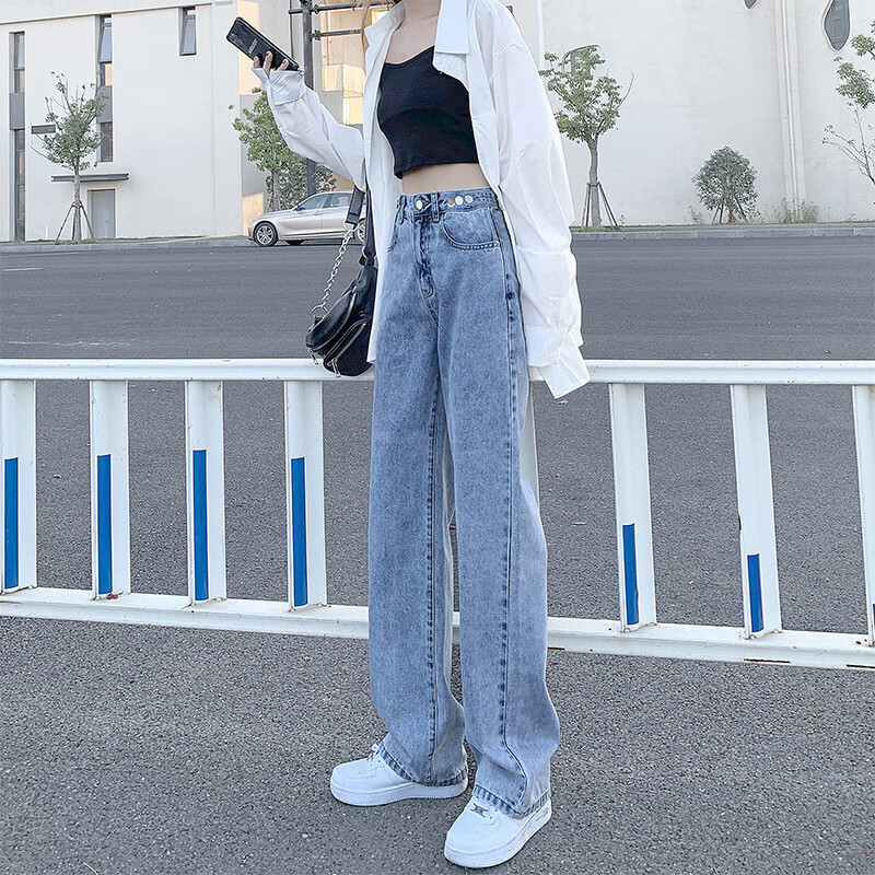 浅色高腰牛仔裤女秋冬直筒宽松显瘦春装2022新款垂感拖地阔腿裤子 复古蓝 M高性价比高么？