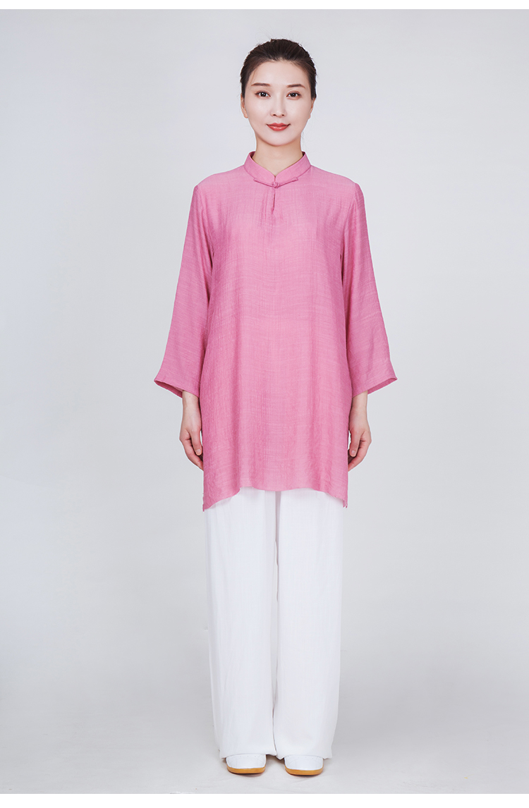 2021新款高端飘逸棉麻亚麻太极拳练功服夏季服装中长款 粉色单件上衣