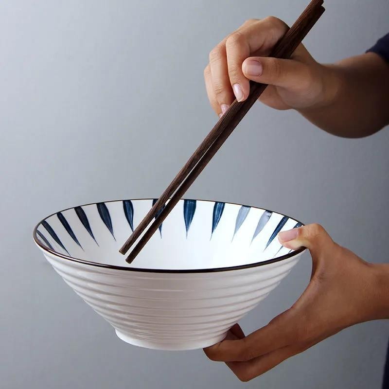 釉下彩创意日式INS风碗盘套装 网红日式和风手绘餐具碗盘面碗饭碗汤碗盘勺筷子 千叶草 4个8英寸大汤碗