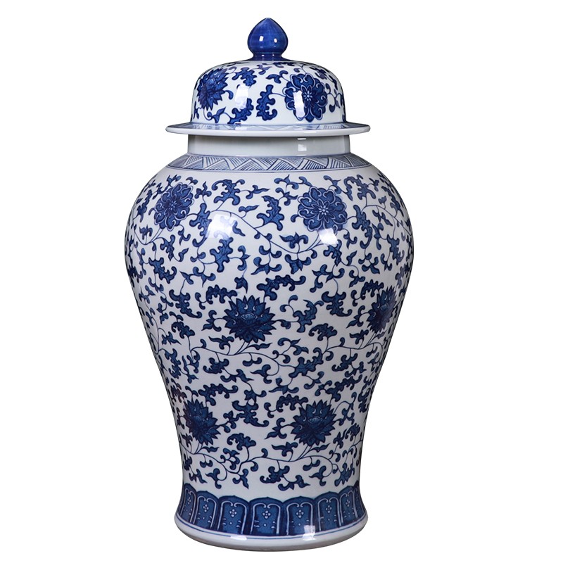 罐手绘仿古青花瓷瓶中式落地客厅大号带盖花瓶摆件 【缠枝莲花纹款】