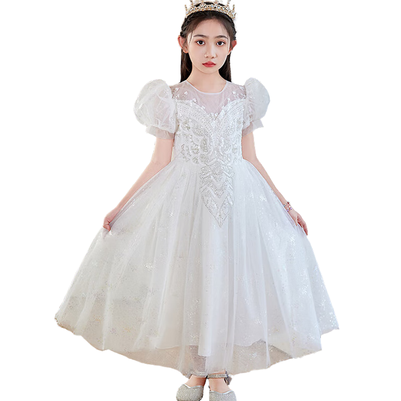 彬單兒童長款禮服女童蓬蓬紗公主裙主持鋼琴走秀演出服YY03 白色 130 