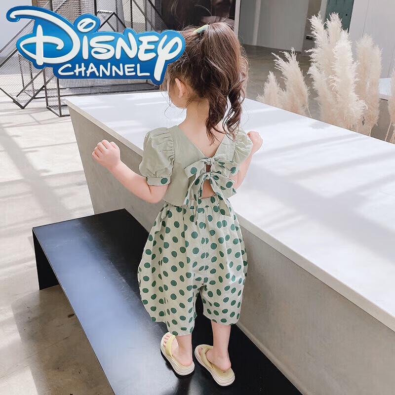 迪士尼（Disney）女童夏装套装2024新款夏季儿童洋气韩版童装小童时髦女宝宝两件套 绿色圆点套装 100