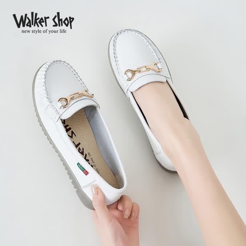 walker shop奥卡索新品女鞋真皮豆豆鞋女舒适软底乐福鞋女通勤休闲单