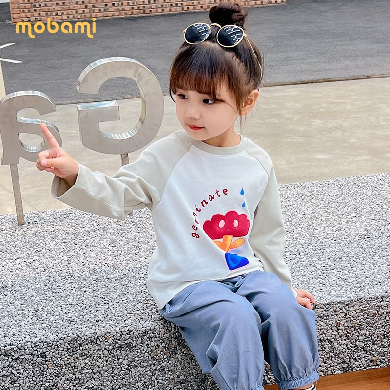 摩芭米mobami春秋女童T恤200g棉婴儿衣服纯棉T恤儿童宝宝插肩袖T恤 白色 130cm
