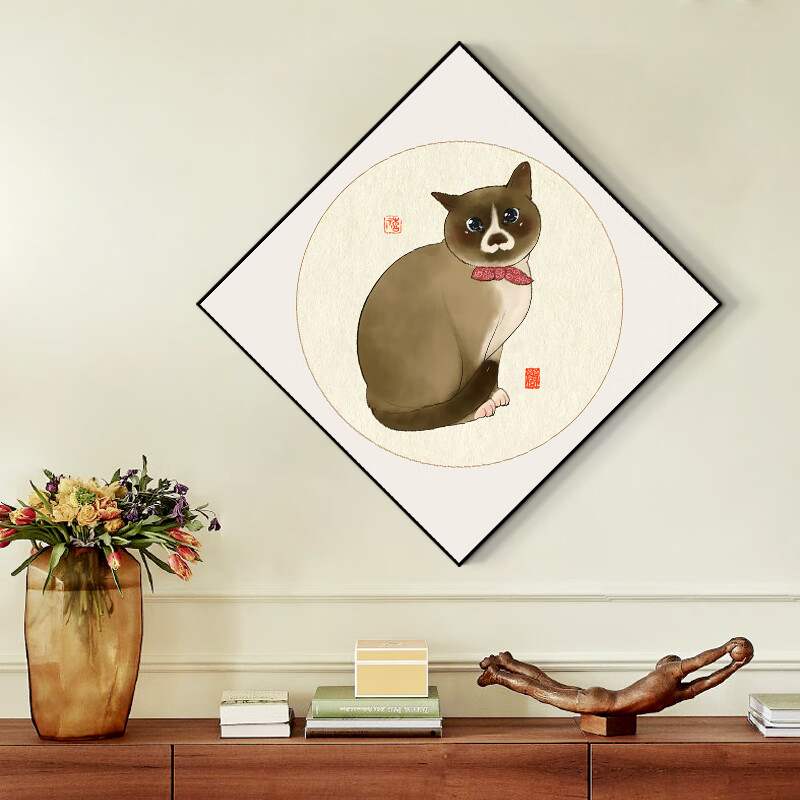 皓涛 可爱萌宠猫咪餐厅挂画新中式客厅卧室民宿文艺墙壁画宠物店装饰