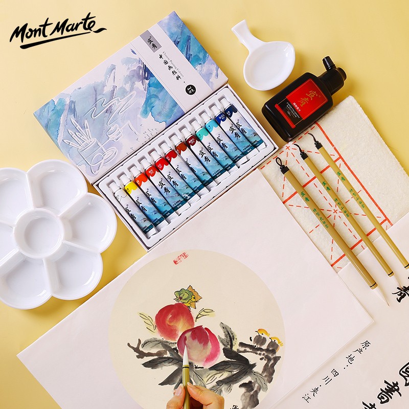 蒙玛特（Mont Marte） 国画颜料工具套装 初学者小学生儿童水墨画中国画入门 12色6ML 实用套装