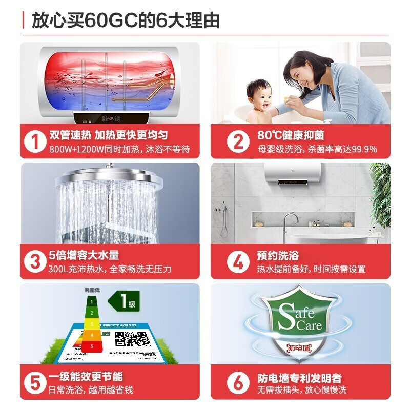 海尔（Haier）安心浴60升家用储水式电热水器双管速热大功率5倍大水量一级能效专利2.0安全防电墙EC6001-GC