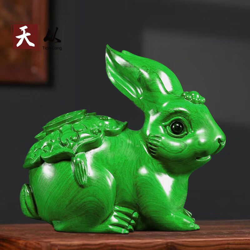 绿色的木质兔子摆件一对绿兔子木雕家居摆件家用客厅风店铺公司装饰品