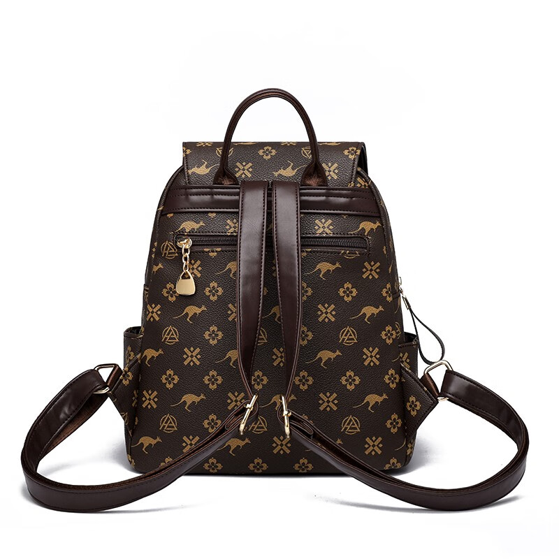 玫瑰袋鼠品牌轻奢双肩包女真皮2024新款时尚防盗牛皮背包大妈妈旅行包软皮 棕配棕【礼盒装+手包卡包】