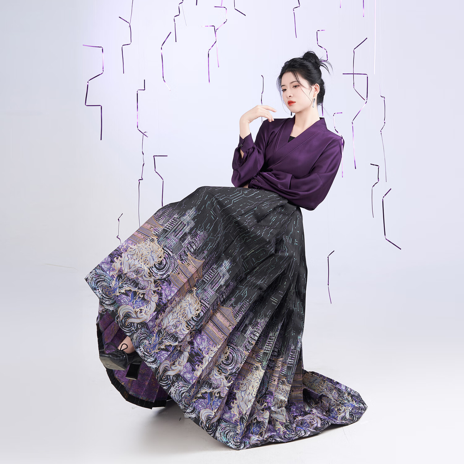 织造司赛博麒麟原创明制汉服仿妆花织锦缎马面裙日常通勤半身长裙 两件套（伏棠飞机袖+马面裙） M