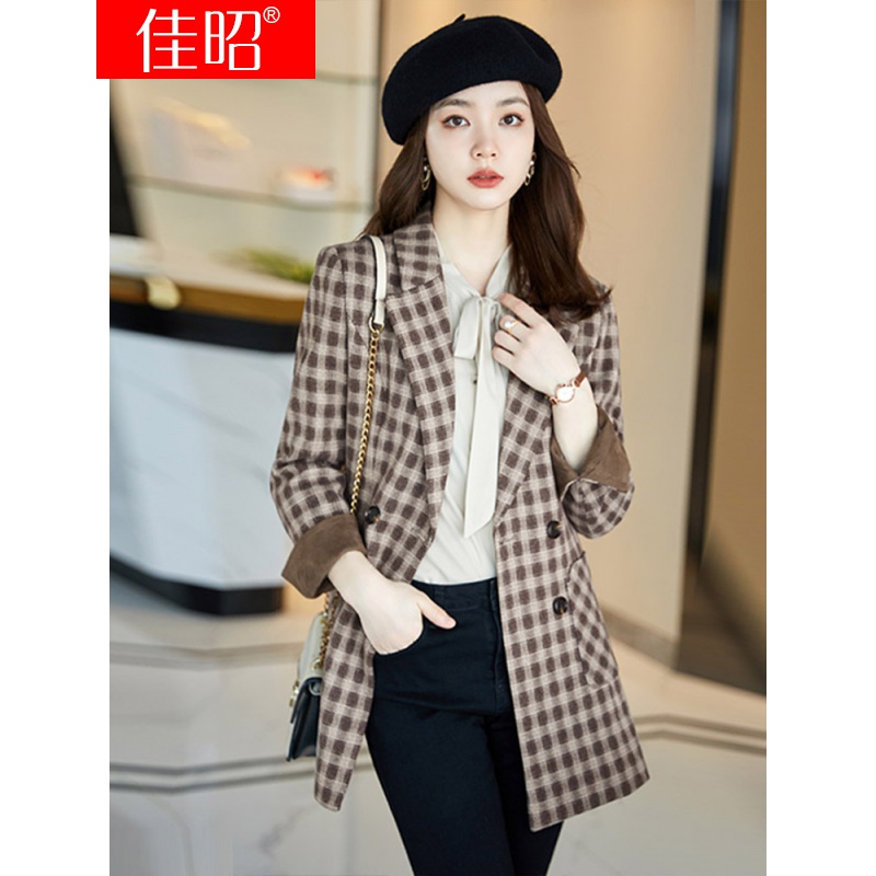 佳昭 格子西装外套女2021秋冬新款韩版长袖宽松显瘦设计感大口袋高级
