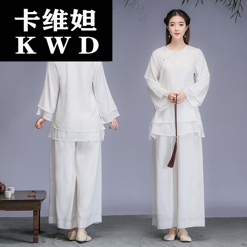 居士拜佛服女夏裝服裝套裝道服禪意棉麻薄款溥款中國風(fēng)拜佛衣服茶人服禪意茶藝師 白色 大碼XL