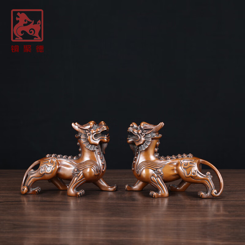 铜聚德 纯铜双角貔貅聚财瑞兽新中式家居公司装饰品紫铜摆设开业乔迁