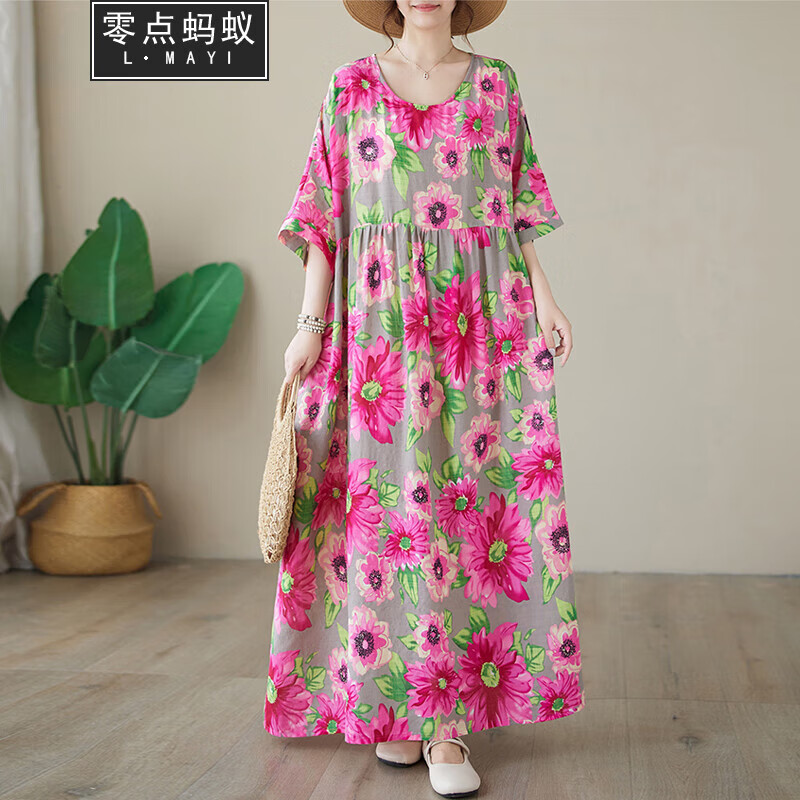 零點螞蟻大碼女裝夏季新款田園風(fēng)印花棉麻連衣裙遮肚子文藝復(fù)古休閑長裙 太陽花 均碼【130-200斤】