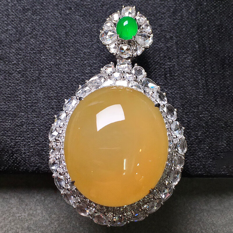 禧凤楼缅甸老坑天然a货翡翠冰种黄翡鸽子蛋18k金镶嵌翡翠吊坠女士