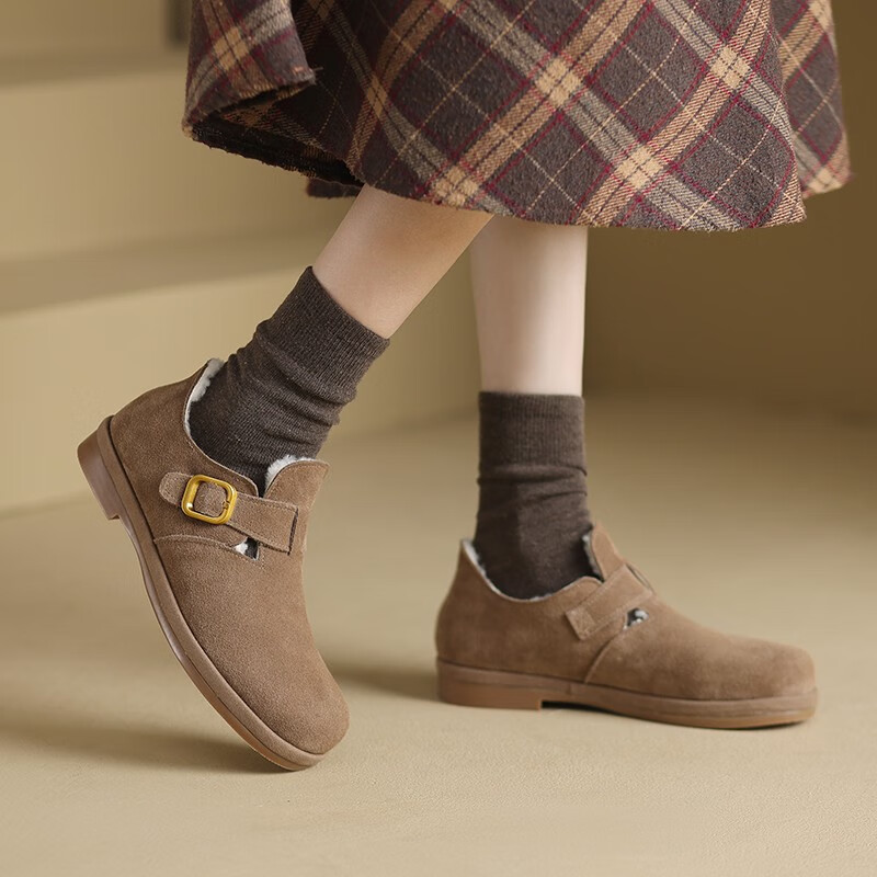 drdr羊毛单鞋女皮毛一体乐福鞋简约舒适百搭休闲女鞋 褐色绒里 34