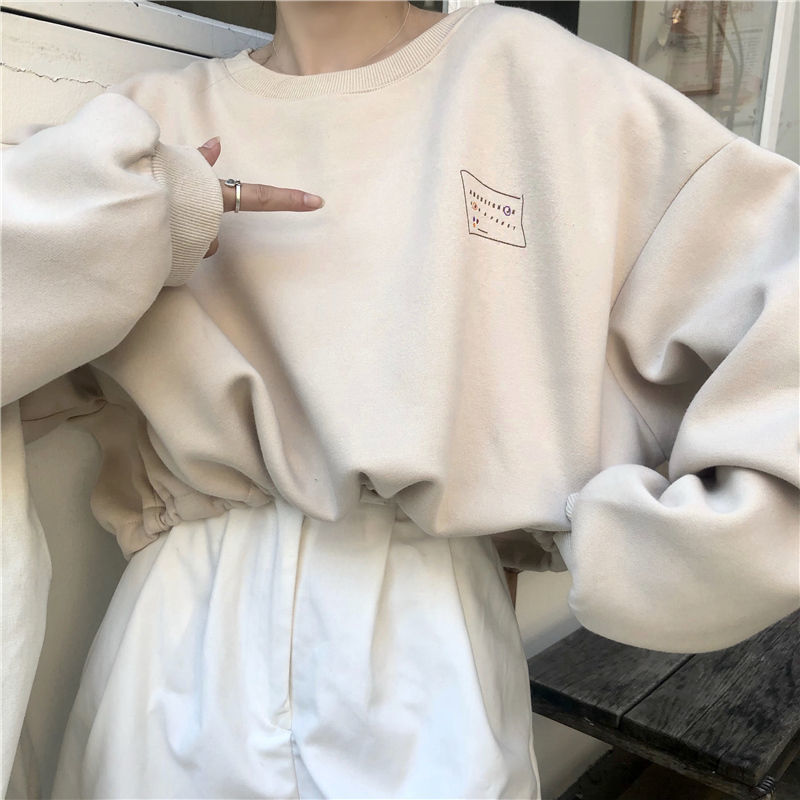 短款下擺抽繩衛(wèi)衣女杏色漏肚臍泡泡袖印花外套學院風圓領(lǐng)寬松 杏色加絨款(關(guān)注優(yōu)先發(fā)貨) M 80斤-100斤