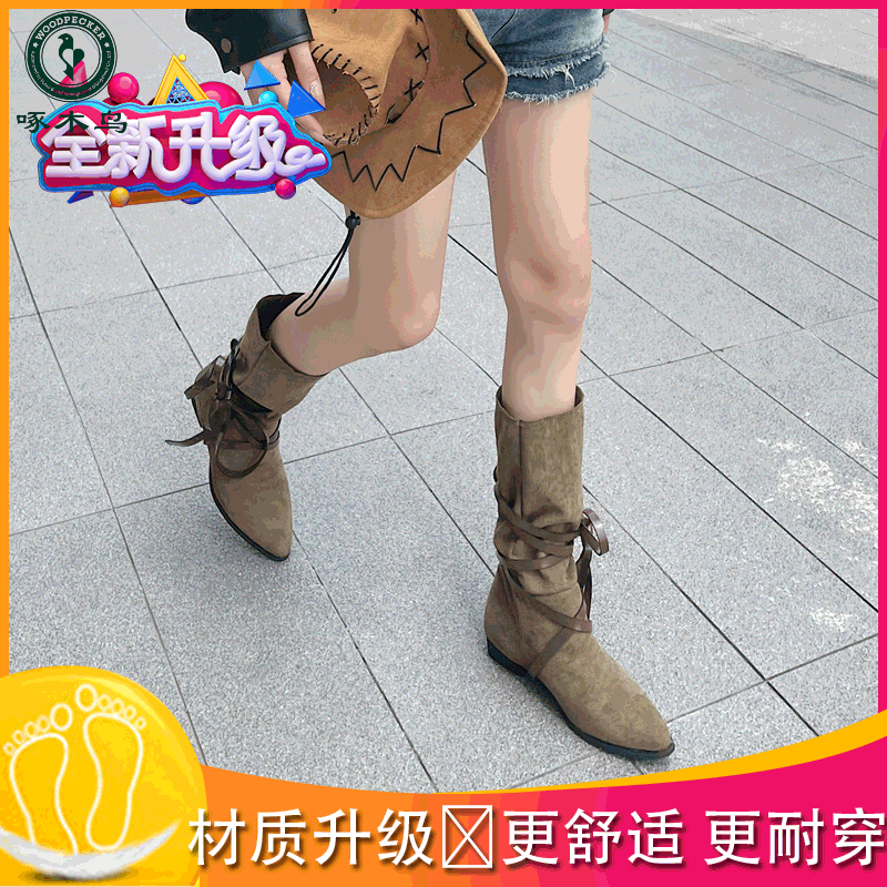 啄木鸟尖头西部牛仔靴女夏粗跟长靴绑带卡其色高筒堆堆靴骑士靴复古靴子 卡其色【升级版】更软更舒适 35使用感如何?
