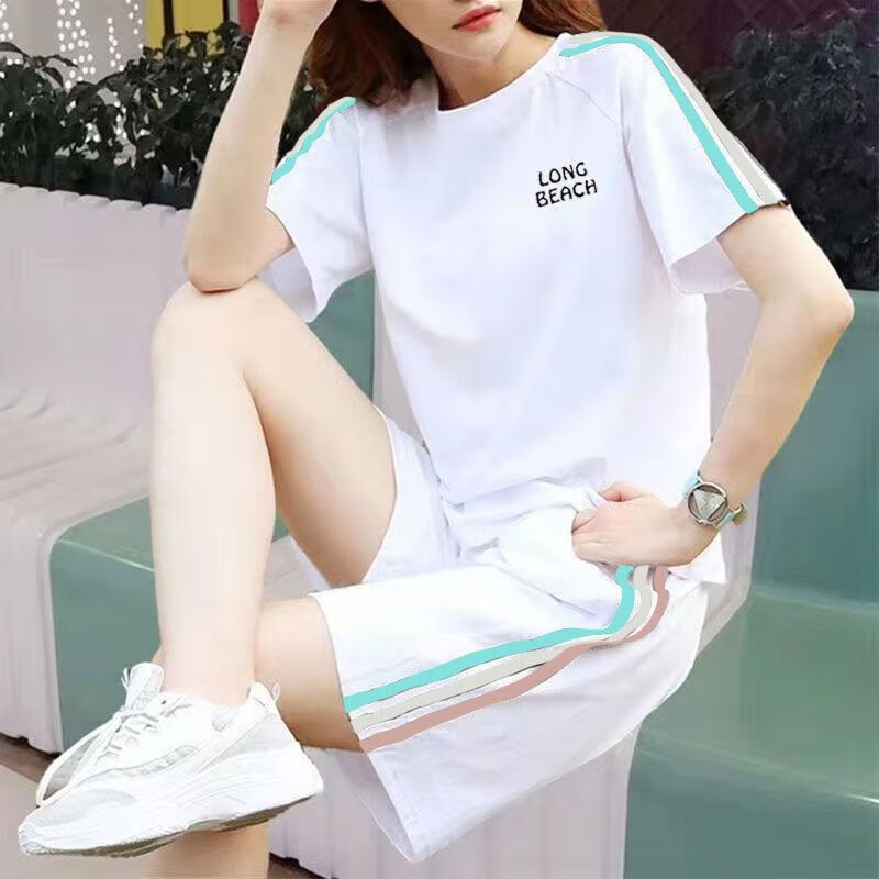 邦菲尔纯棉休闲运动服套装女夏季新款大码宽松学生短袖短裤两件套潮 单件白色三色上衣字母 4XL 建议160-180斤 京东折扣/优惠券