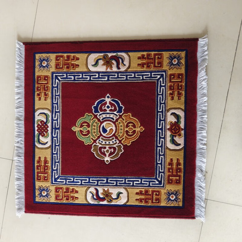 妧锦新疆藏族藏式地毯客厅纯羊毛立体剪花十字杵图案藏毯沙发毯拜毯瑜 酒红色 70x70厘米