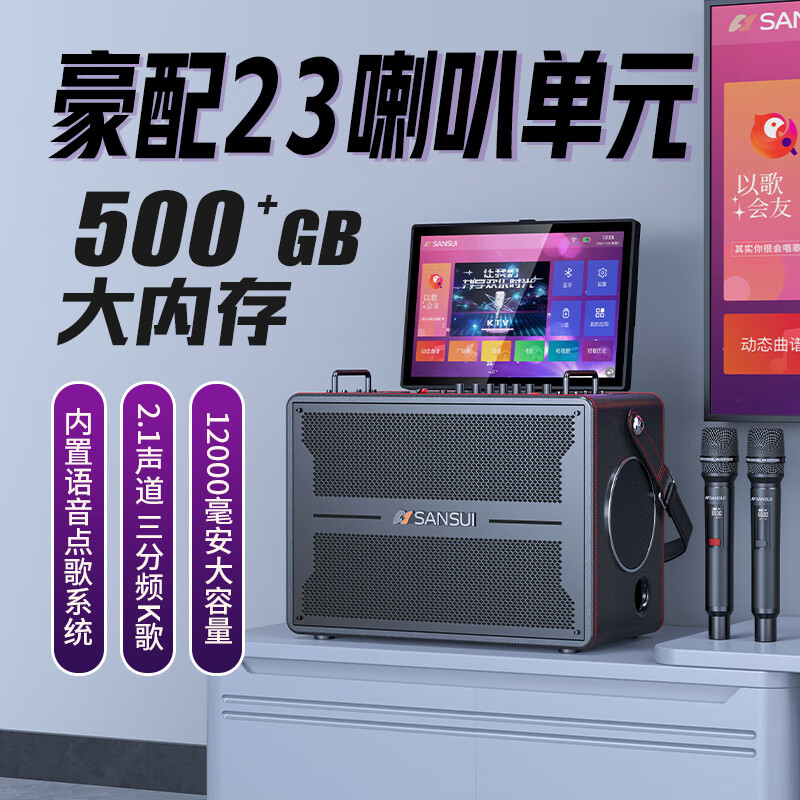 山水（SANSUI） 家庭KTV音响套装双麦克风点歌功放全套家用K歌客厅专业点唱机会议室音箱卡拉OK A28【3200W23喇叭+17吋500G】