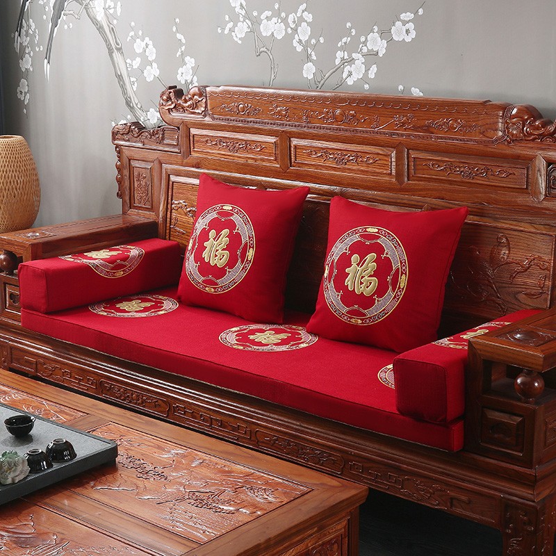 添富贵 亚麻沙发垫中式夏季实木红木沙发坐垫套子椅子座垫 福字-红 50*50cm单人座厚度7厘米一个