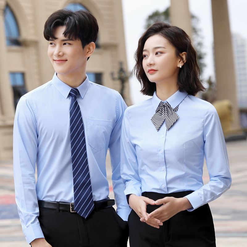 职业装长袖衬衫男女同款白衬衫黑裤子套装女职业正装上班族长袖男女