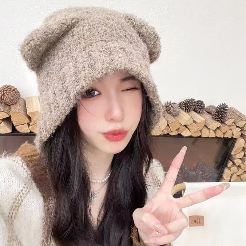 叕二叕小熊耳朵帽子冬季女可爱小熊帽子针织毛线帽大头围毛绒保暖护耳帽 米色