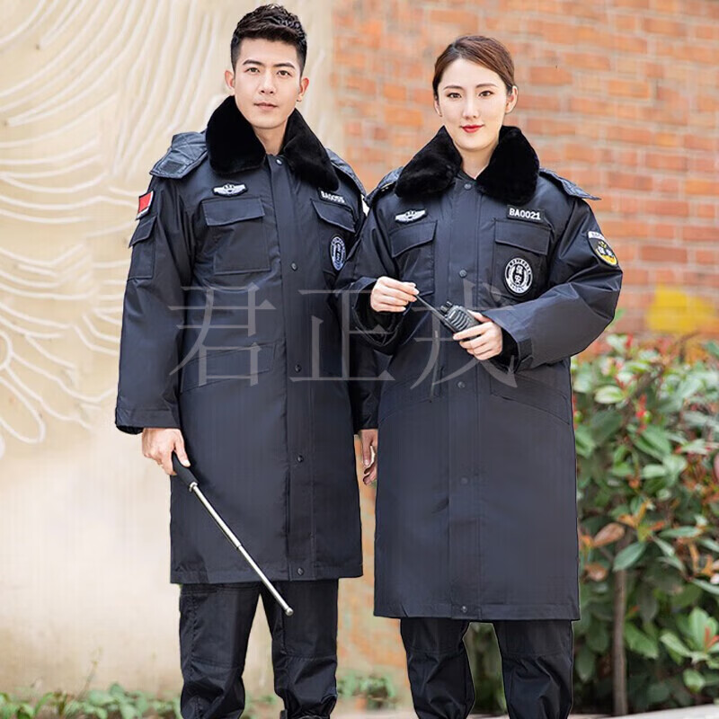 君正戎 黑色保安大衣男警黑多功能执勤加厚防寒服棉大衣冬季保安服