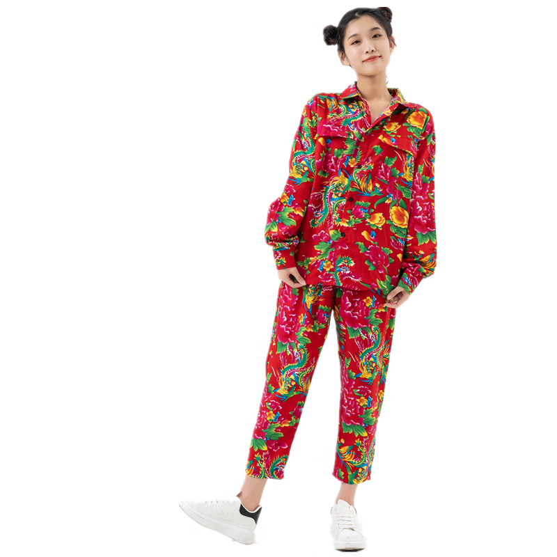 席佰东北花衣服冬季 大花布春秋国潮衬衣长袖长裤抖音蹦迪同款姐妹装