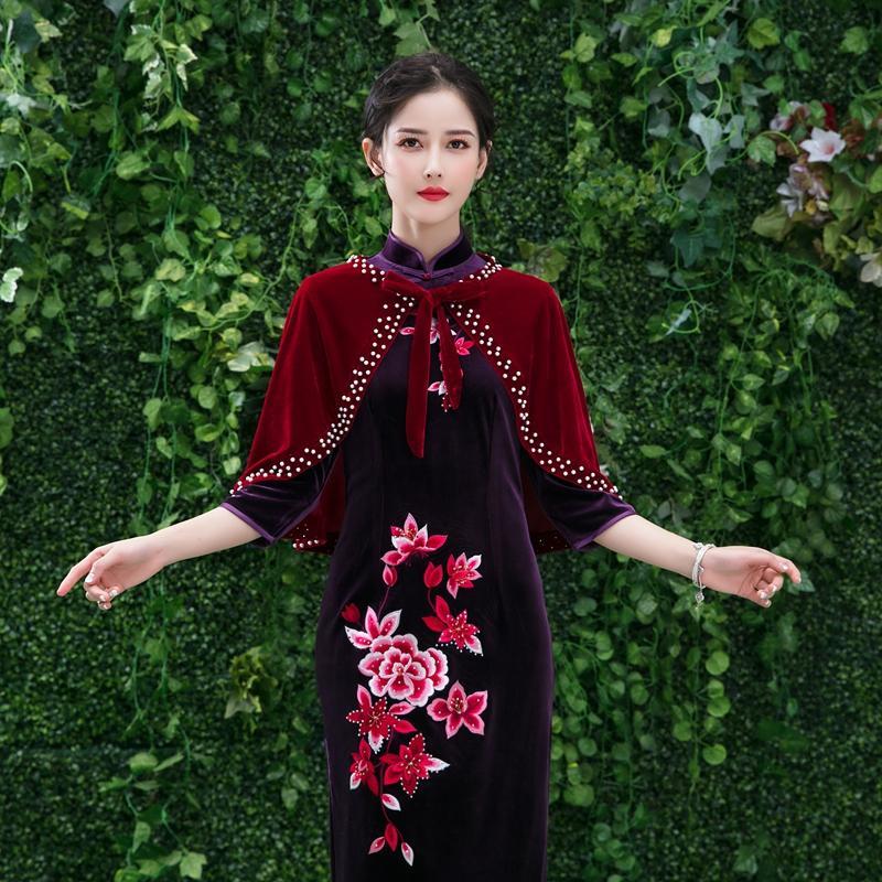 新品旗袍披肩春夏2021旗袍礼服披肩外套女金丝绒斗篷式外搭短款披风