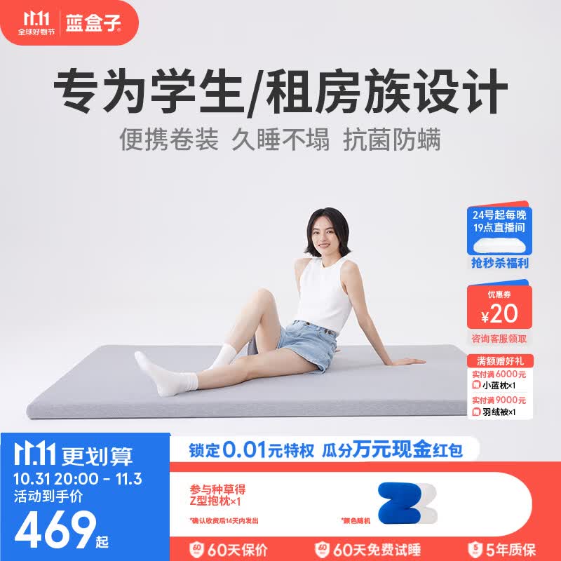 蓝盒子【薄垫】小蓝垫T1记忆棉床垫租房学生宿舍软垫租房双人榻榻米 小蓝垫T1 灰色【现货7天内发出】 900mm*1900mm怎么看?