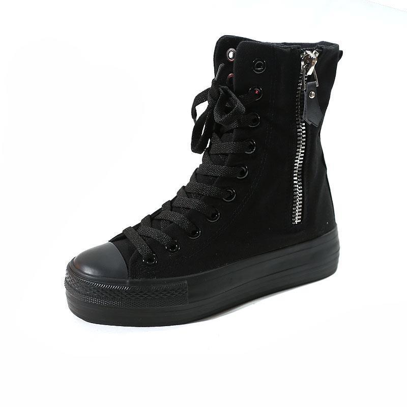 2019韩版高帮厚底内增高休闲高筒帆布鞋长筒靴子百搭款帆布靴街拍