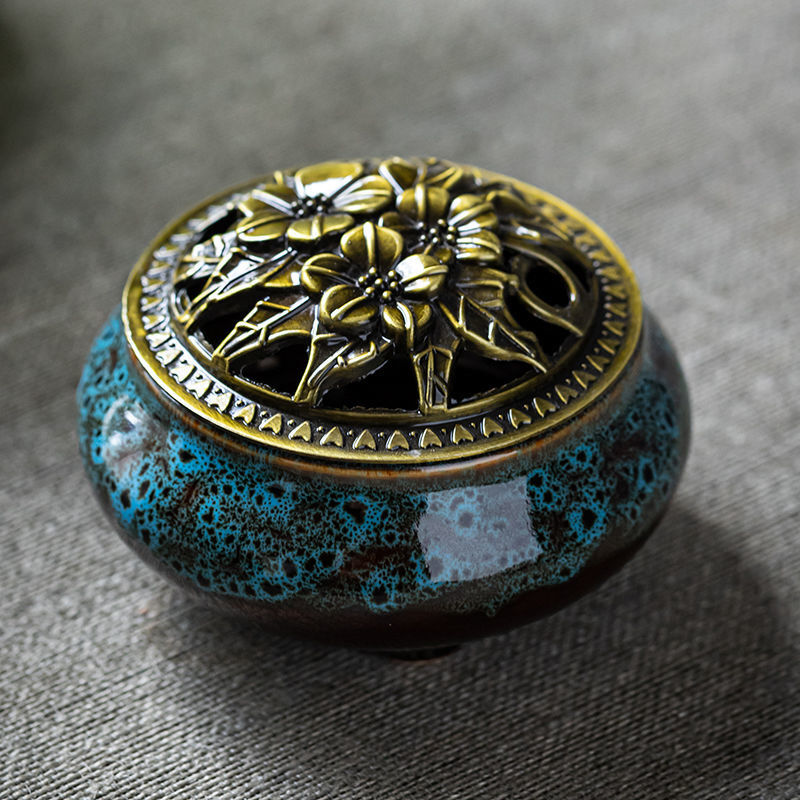 萌依儿香炉家用沉香熏香室内陶瓷焚香盒檀香蚊香供奉香插香薰盘香香薰的 小香炉窑变蓝不可点蚊香 单炉+(香插+防火棉)