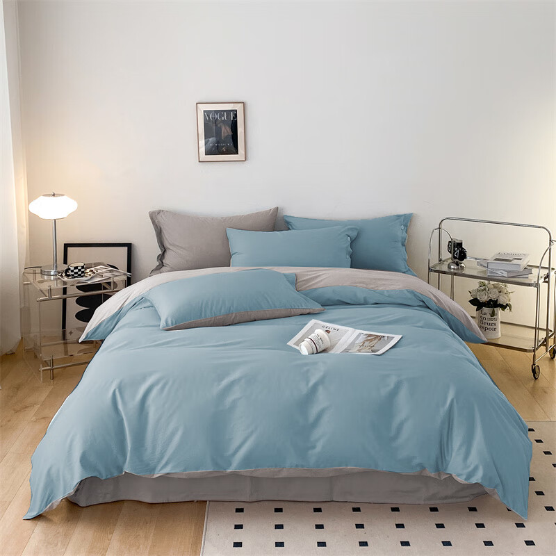 维科家纺维科全棉撞色四件套-纽扣款p 全棉撞色四件套-纽扣款(蓝 灰)