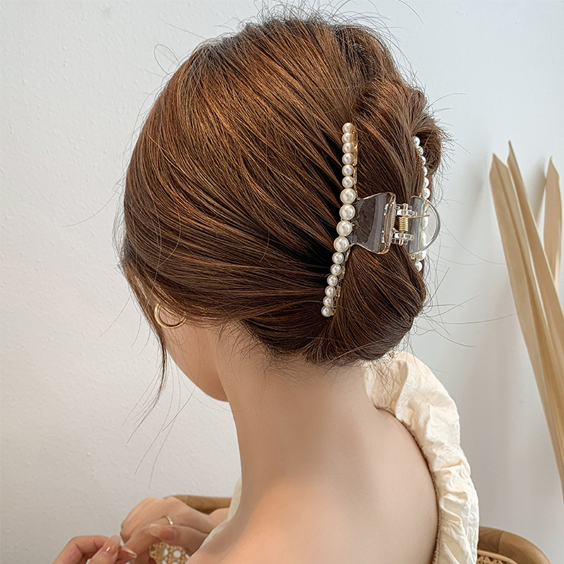 弥俏珍珠发夹后脑勺抓夹女士简约气质成人盘头发卡子头饰鲨鱼夹大号顶