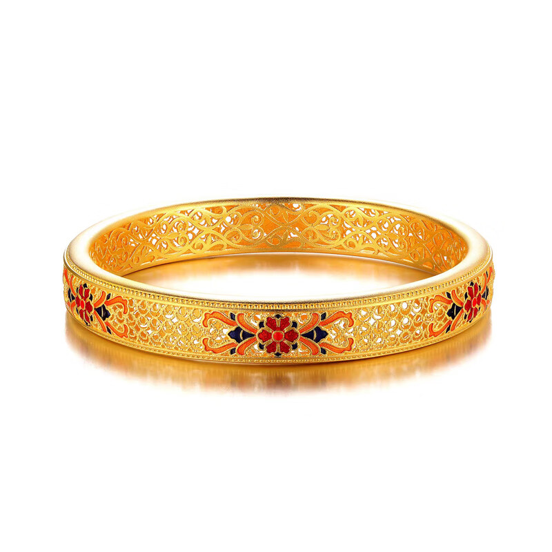 小腰金花开富贵黄金手镯珐琅花丝镂空宫廷古法金镯子女精致999足金 古