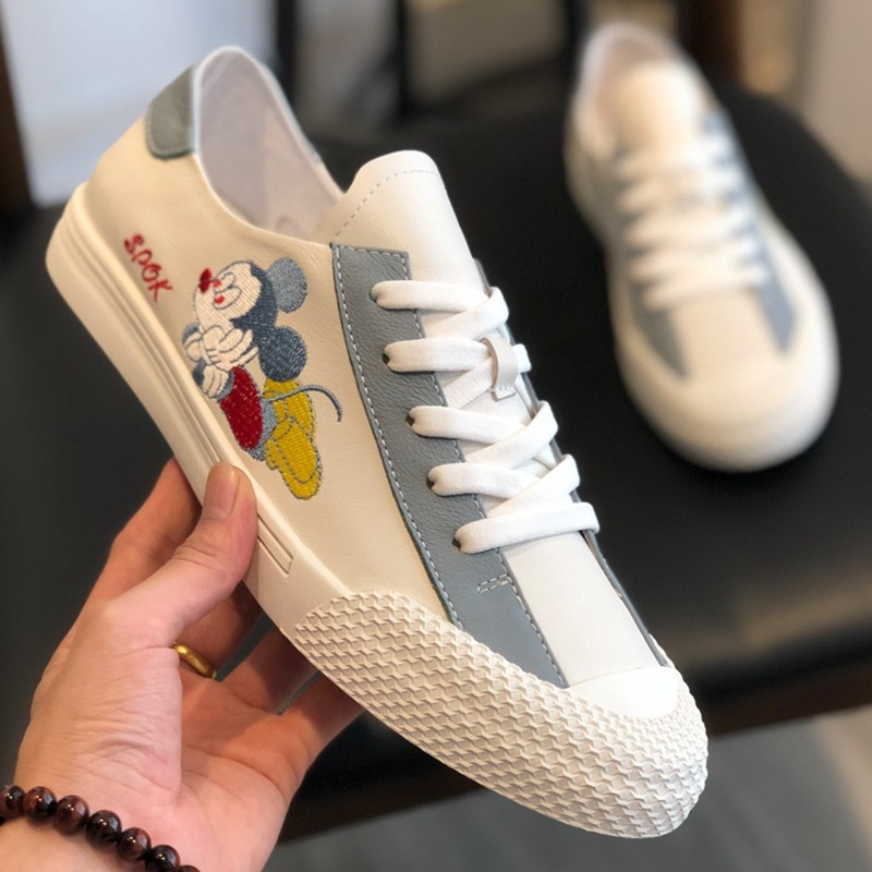 闽立发男鞋小白鞋男板鞋韩版潮流新款头层牛皮潮牌米奇休闲鞋 白色 38