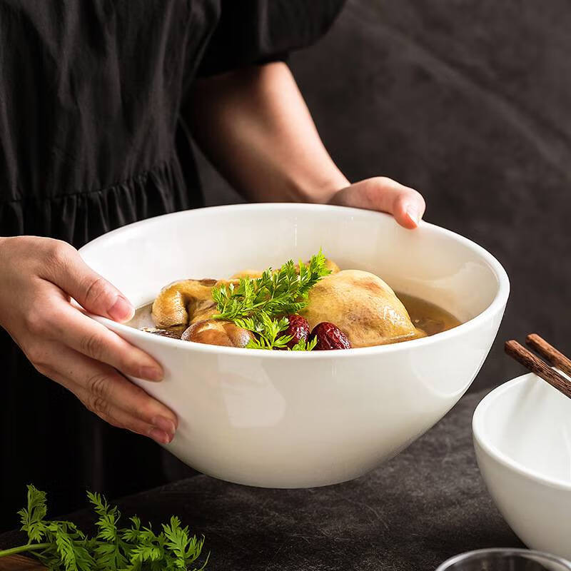 楚如超大盆碗蛋型白瓷汤碗炖鸡装汤陶瓷沙拉水煮酸菜鱼拉面凉菜碗 8.3英寸厚唇沙拉碗_1300ml