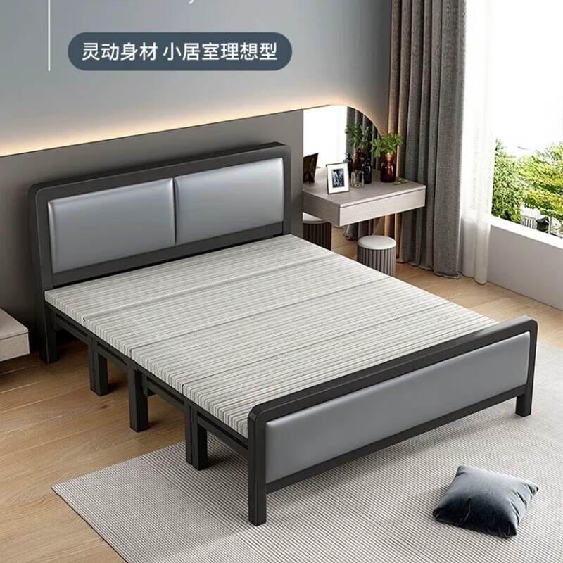 木叶间折叠床 出租房用现代简约单人铁架床家用简易铁艺双人床 雅致黑 宽1.2米 软包+加厚床头