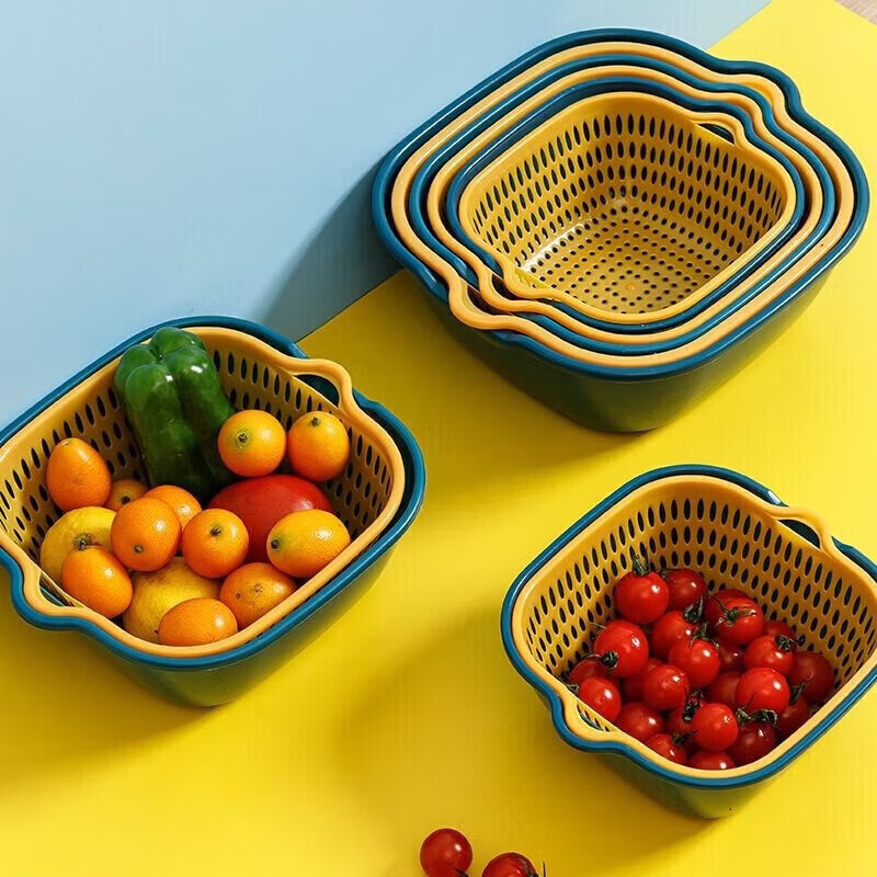NSYCA沥水篮双层家用沥水多功能水果蔬菜洗菜篮厨房储物篮 蓝黄 方形沥水篮中号