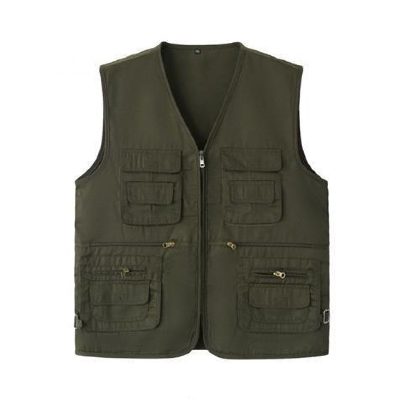 春秋款宽松加肥加大码多口袋爸爸装摄影钓鱼坎肩 军绿马甲【普通款】