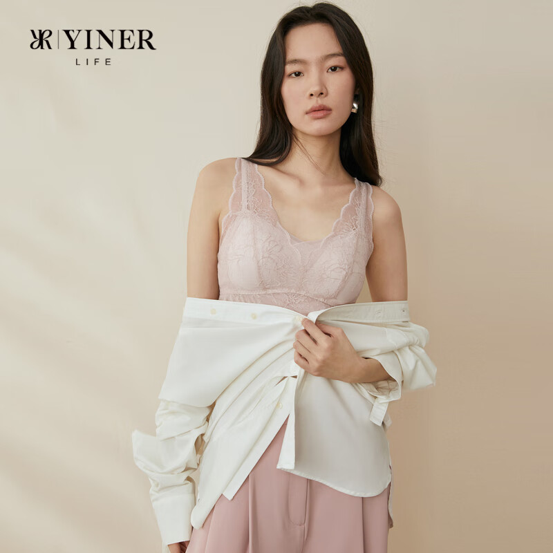 音兒（YINER）內衣【明星同款花漾輕紗】蕾絲背心美背內衣女吊帶內搭帶胸墊一體 花漾淡粉（長款） XL