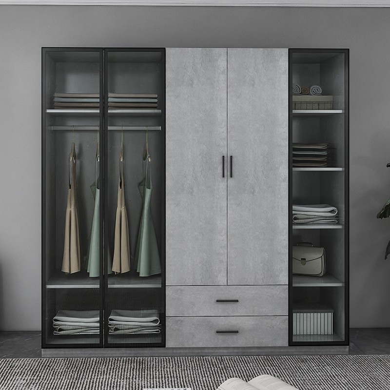 小户型衣柜家用储物带抽屉大衣柜平开门衣柜北欧卧室衣柜储物柜 五门