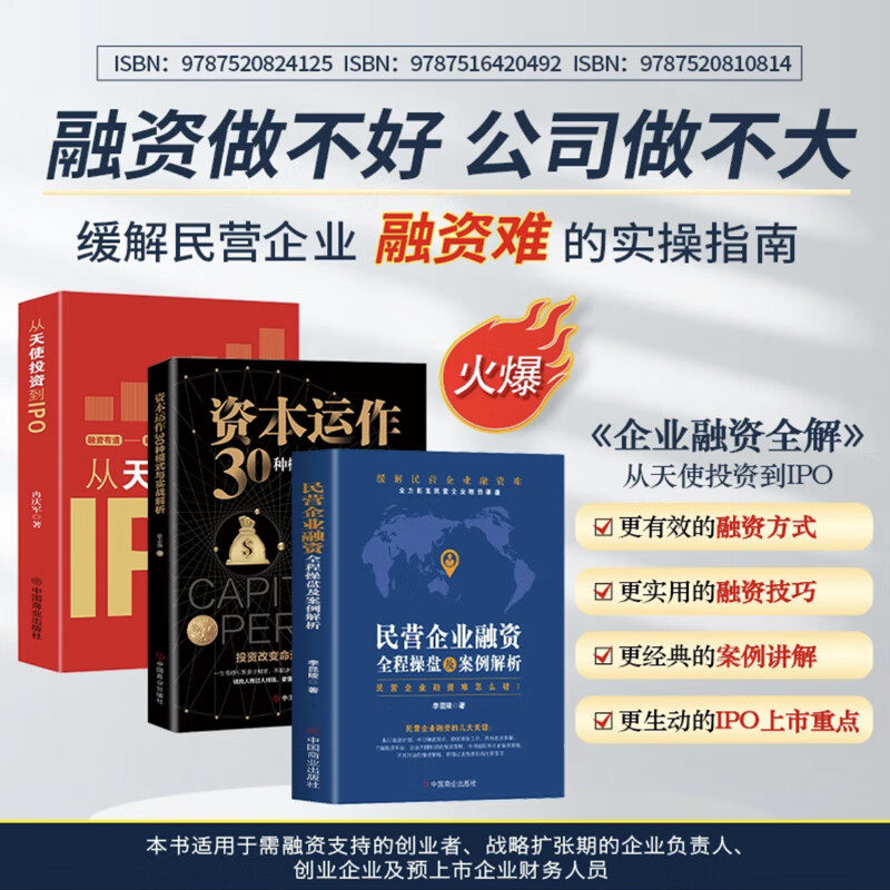 正版3册 从天使投资到IPO+资本运作30种模式与实战解析+民营企业融资全程操盘及案例解析 金融市场基础知识营销管理股权架构书籍 全套3册