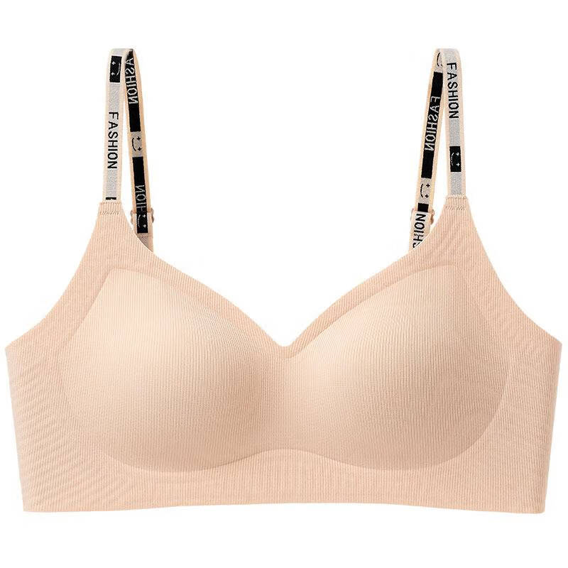 戴丽格新品春秋磨毛条纹无痕字母肩带内衣女小胸聚拢文胸罩 肤色 s